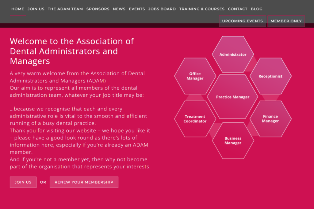 ADAM page presenting roles across a dental administration team