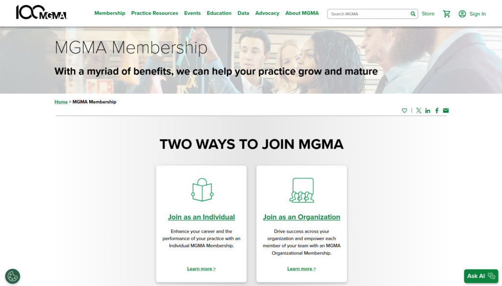 MGMA membership options for individuals and organizations