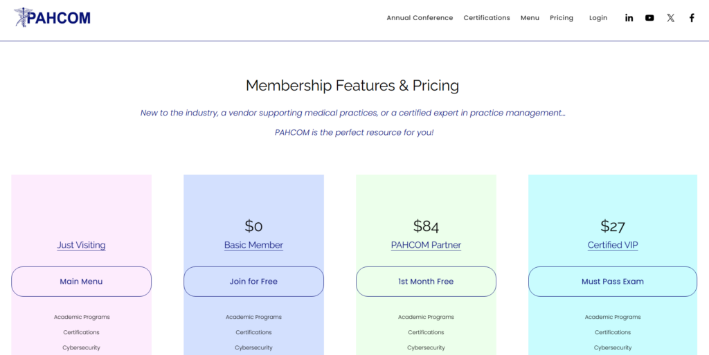 PAHCOM membership features and pricing